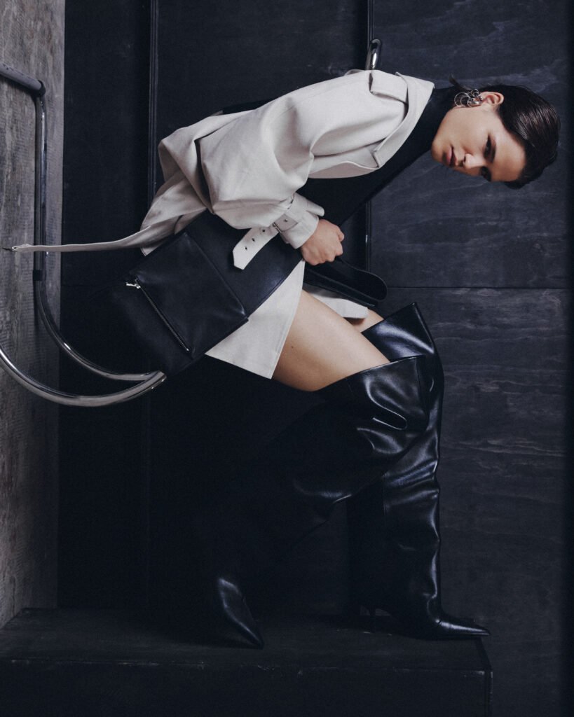 trench and Leather Scarf Vautrait, Ear Cuffs Panconesi, boots stylist’s own